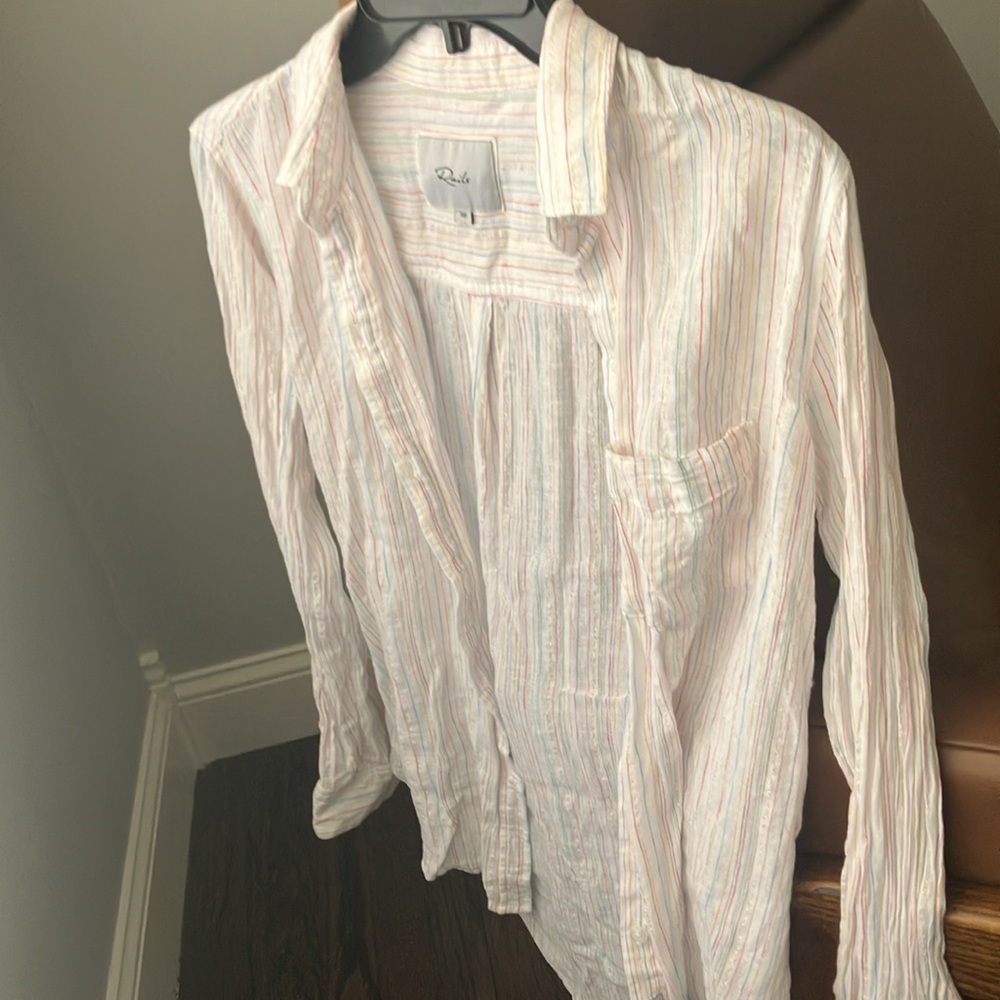 Rails Shimmer XS Long Sleeve White Button Down Rainbow